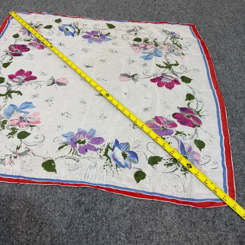 Vintage Floral Handkerchief Scarf White Pink Blue Anemone Flower Red Blue Border